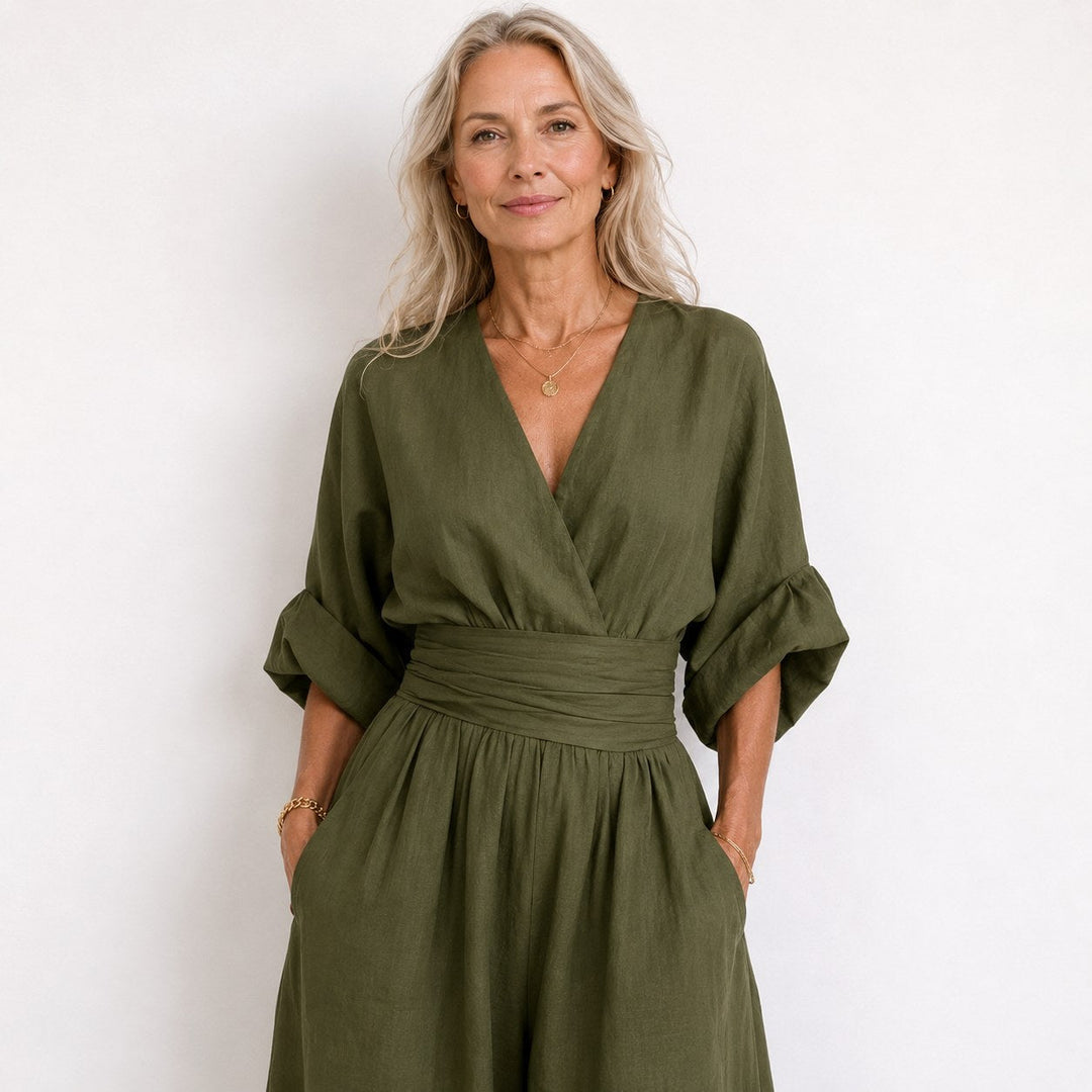 Women's Wide-Leg Linen Jumpsuit with Cinched Waist