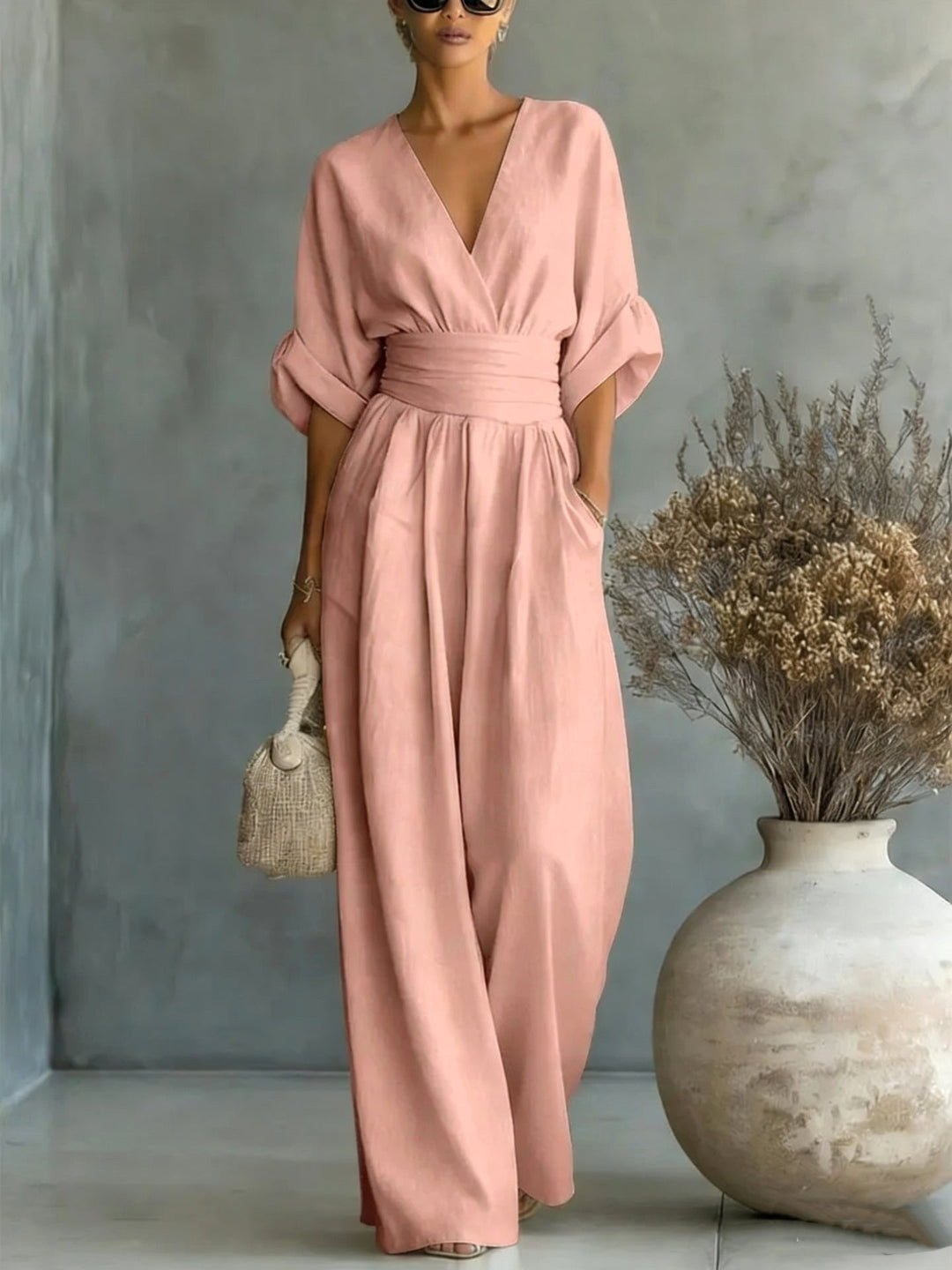 Women's Wide-Leg Linen Jumpsuit with Cinched Waist