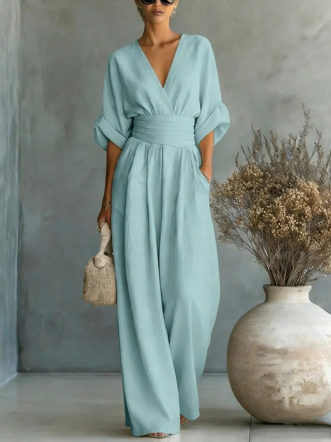 Women's Wide-Leg Linen Jumpsuit with Cinched Waist