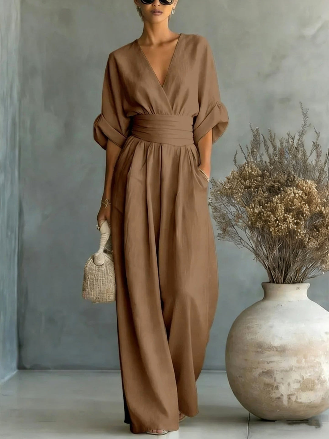 Women's Wide-Leg Linen Jumpsuit with Cinched Waist
