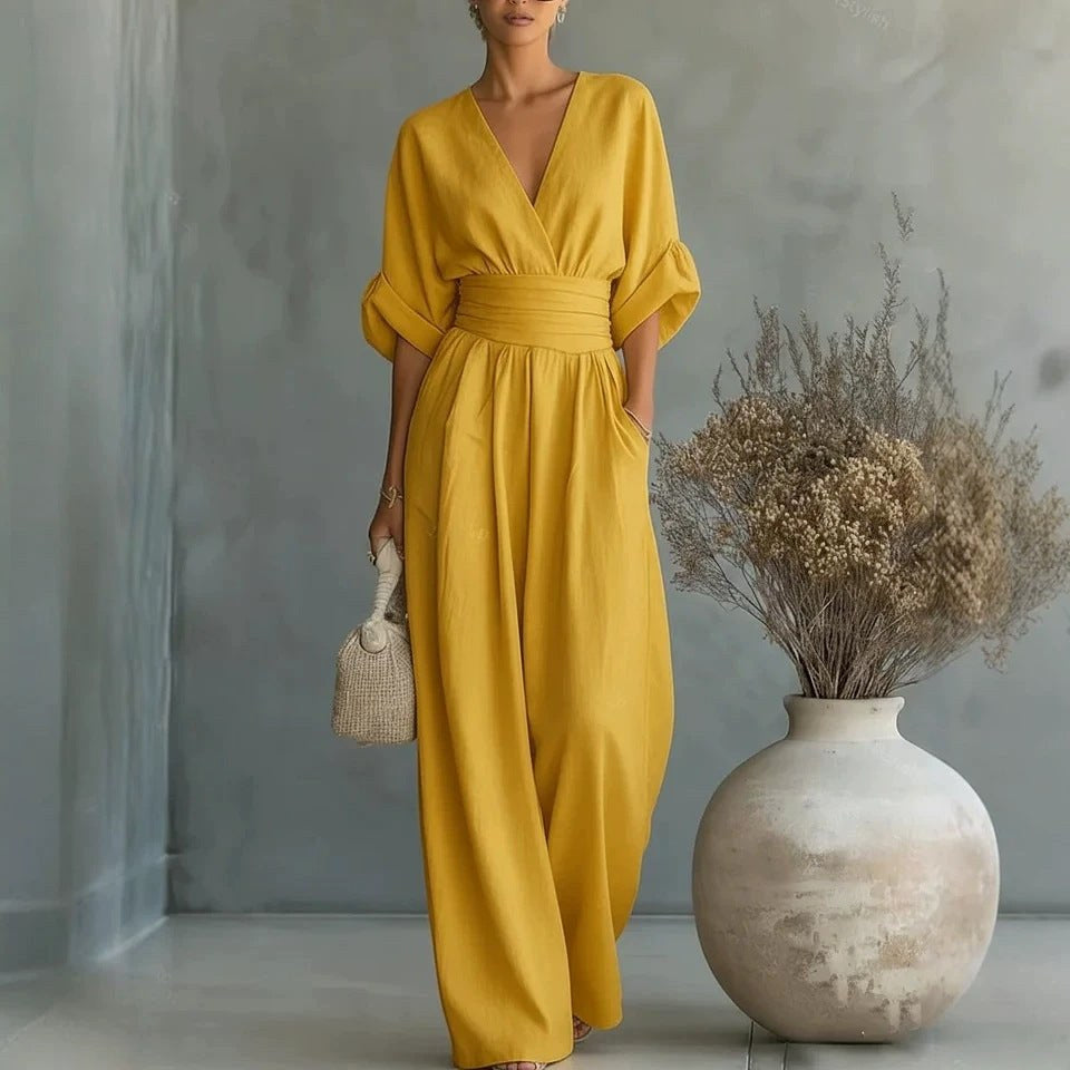 Women's Wide-Leg Linen Jumpsuit with Cinched Waist
