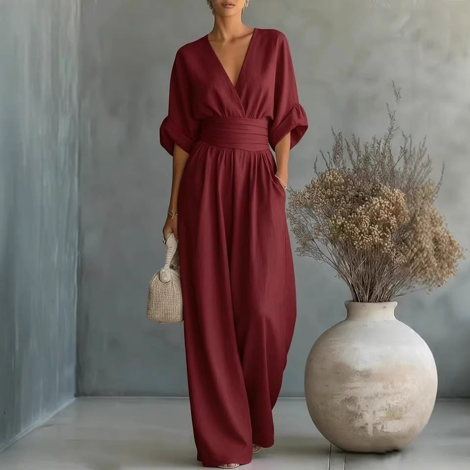 Women's Wide-Leg Linen Jumpsuit with Cinched Waist