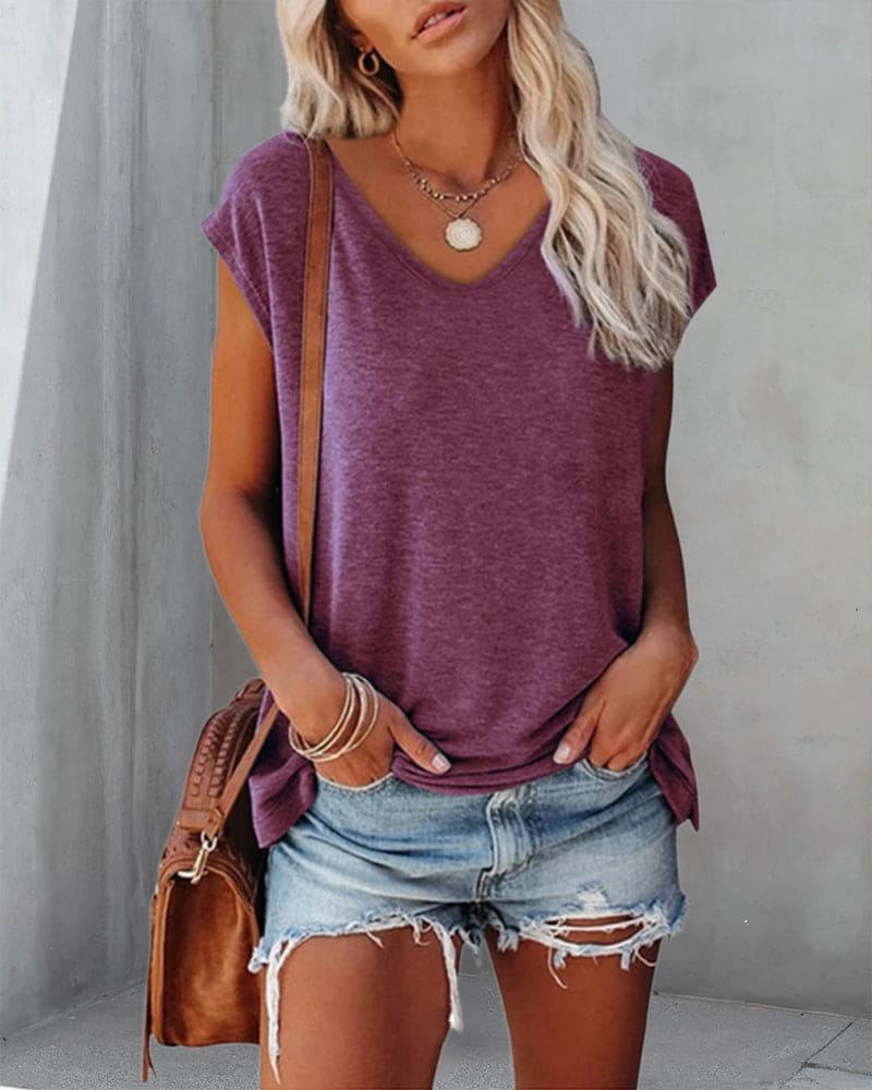 Emma | Women's V-Neck Loose Fit Breathable Cotton T-Shirt-Metro Lane Plaza