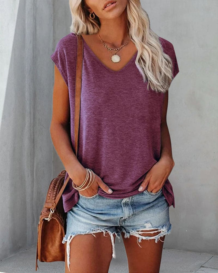 Emma | Women's V-Neck Loose Fit Breathable Cotton T-Shirt-Metro Lane Plaza