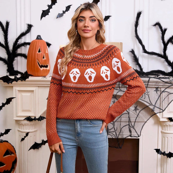 Women's Spooky Ghost Knit Crewneck Long-Sleeve Halloween Sweater