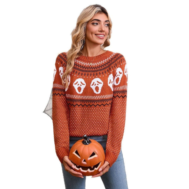 Women's Spooky Ghost Knit Crewneck Long-Sleeve Halloween Sweater