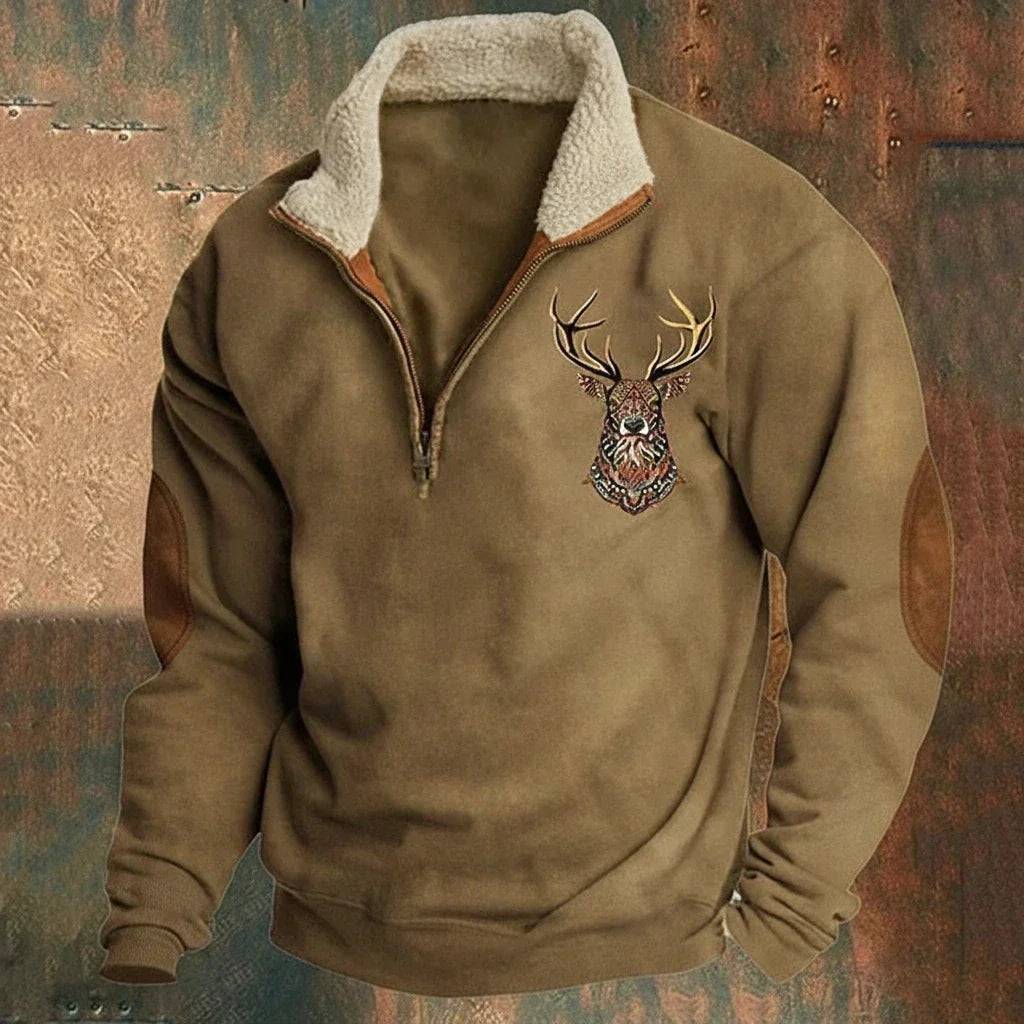 Camisola masculina nórdica com fecho de meio comprimento e veados