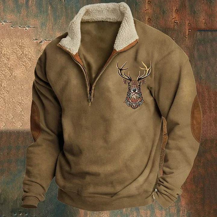 Camisola masculina nórdica com fecho de meio comprimento e veados