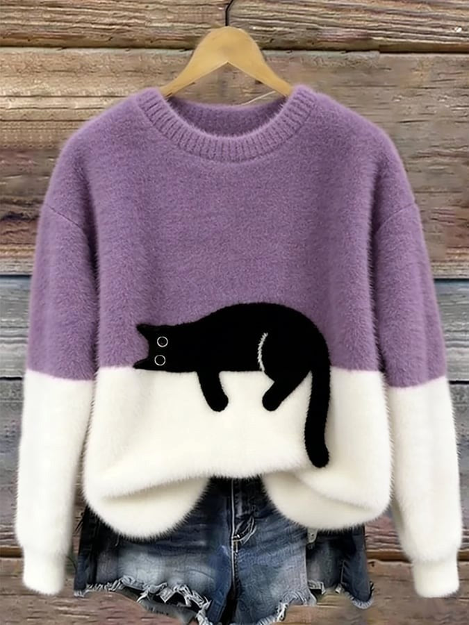 Pull en maille mélangée de laine pour femme avec motif de chat, charmant pull du quotidien