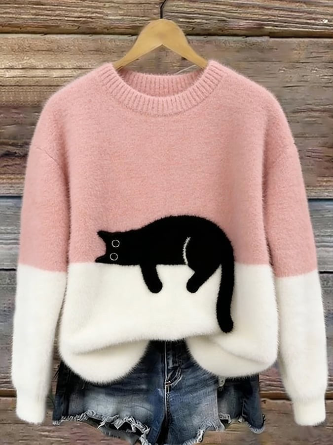 Pull en maille mélangée de laine pour femme avec motif de chat, charmant pull du quotidien