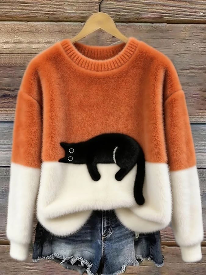 Pull en maille mélangée de laine pour femme avec motif de chat, charmant pull du quotidien