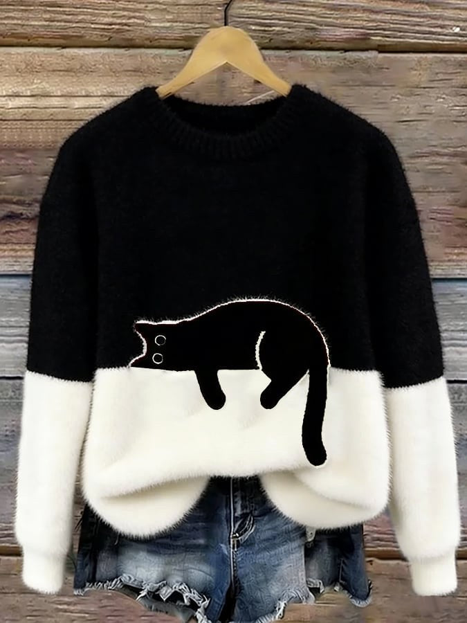 Pull en maille mélangée de laine pour femme avec motif de chat, charmant pull du quotidien