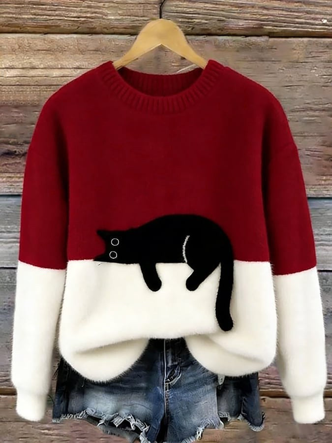 Pull en maille mélangée de laine pour femme avec motif de chat, charmant pull du quotidien