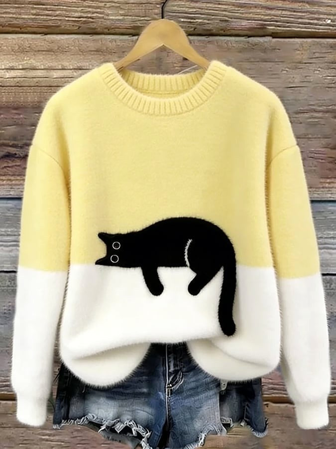 Pull en maille mélangée de laine pour femme avec motif de chat, charmant pull du quotidien