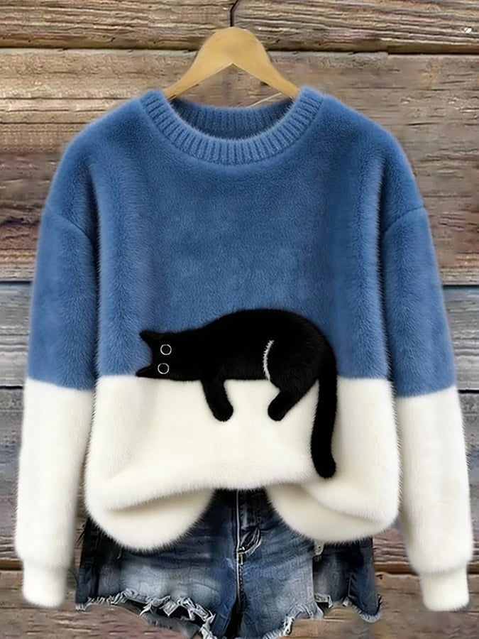 Pull en maille mélangée de laine pour femme avec motif de chat, charmant pull du quotidien