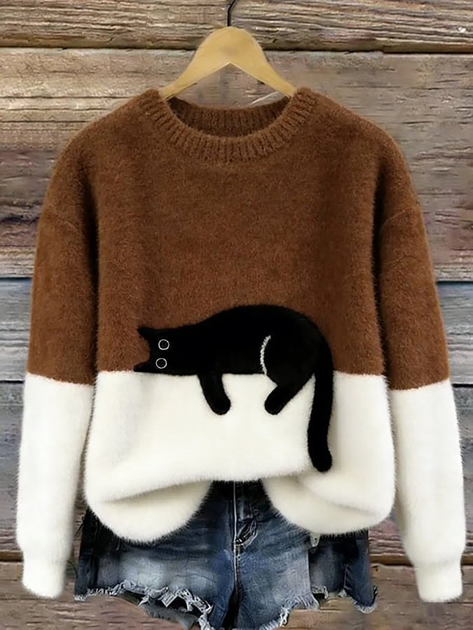 Pull en maille mélangée de laine pour femme avec motif de chat, charmant pull du quotidien