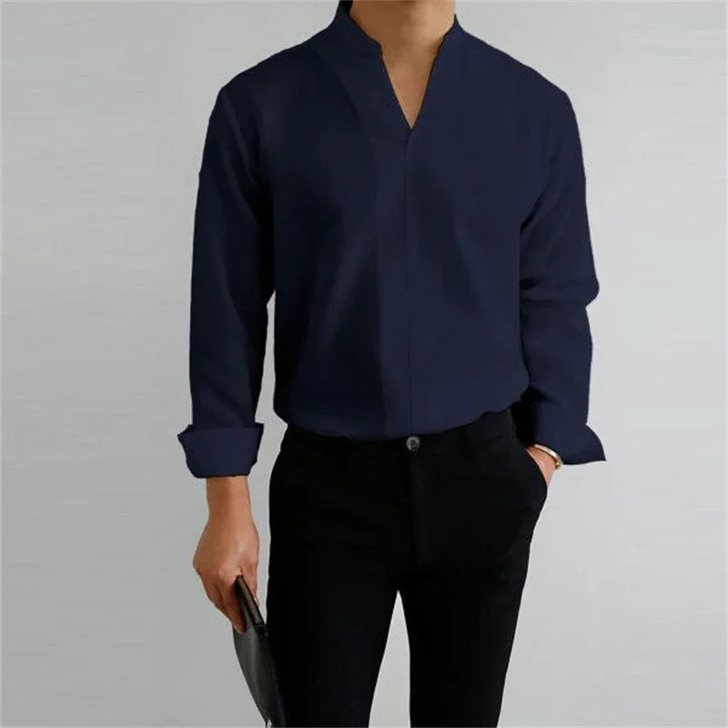 Men's Long Sleeve Mandarin Collar Casual Shirt