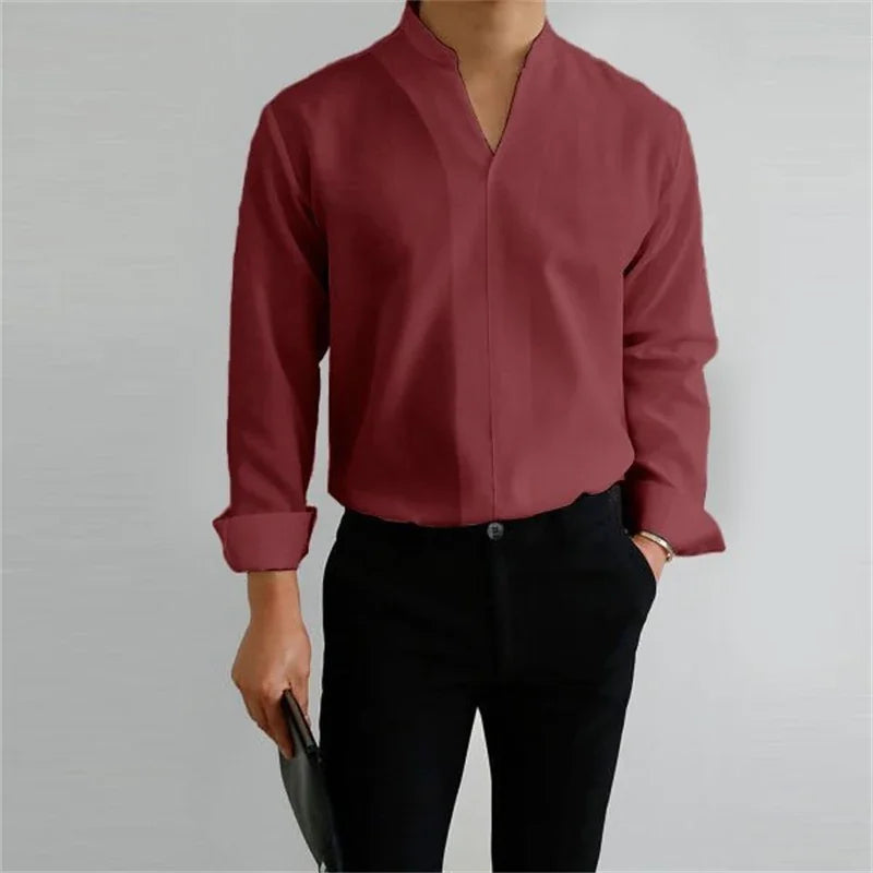Men's Long Sleeve Mandarin Collar Casual Shirt