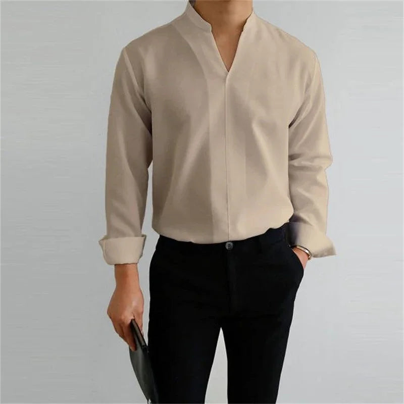 Men's Long Sleeve Mandarin Collar Casual Shirt