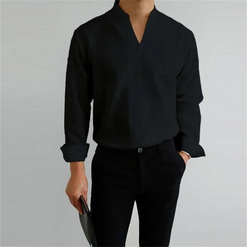 Men's Long Sleeve Mandarin Collar Casual Shirt