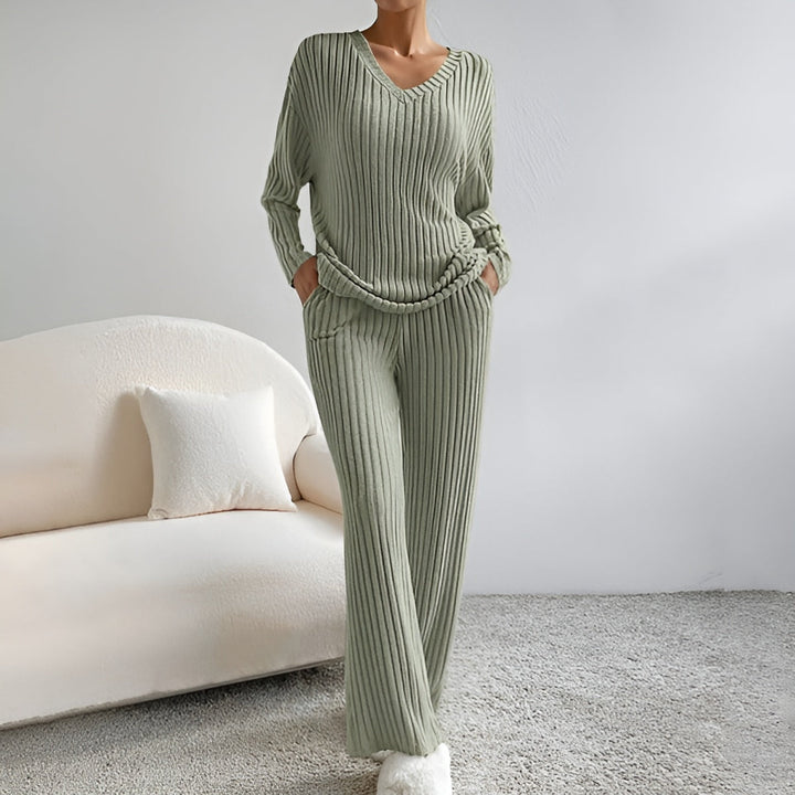 Isla | Women's Striped V-Neck Sweater Set-Metro Lane Plaza