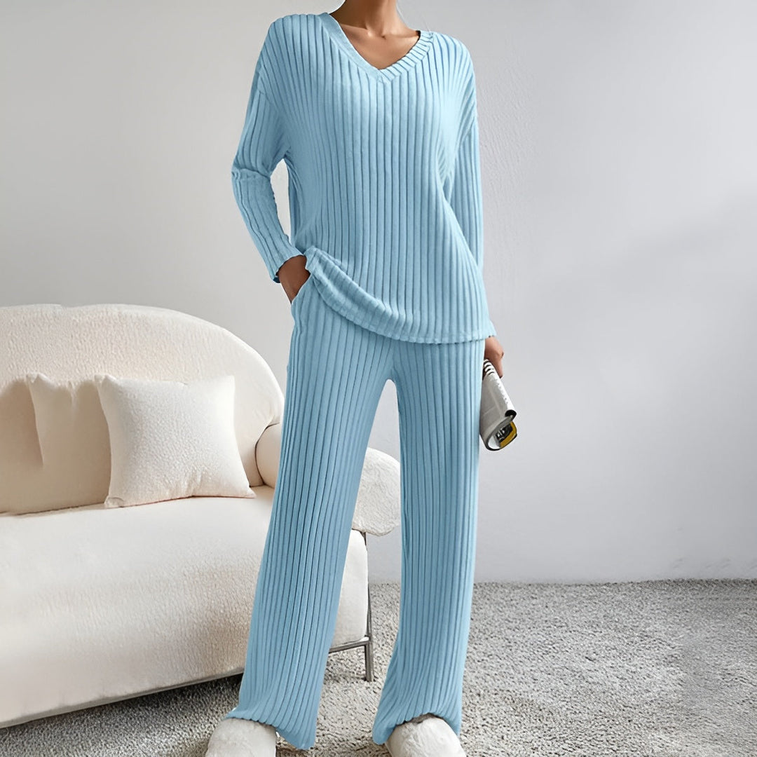 Isla | Women's Striped V-Neck Sweater Set-Metro Lane Plaza