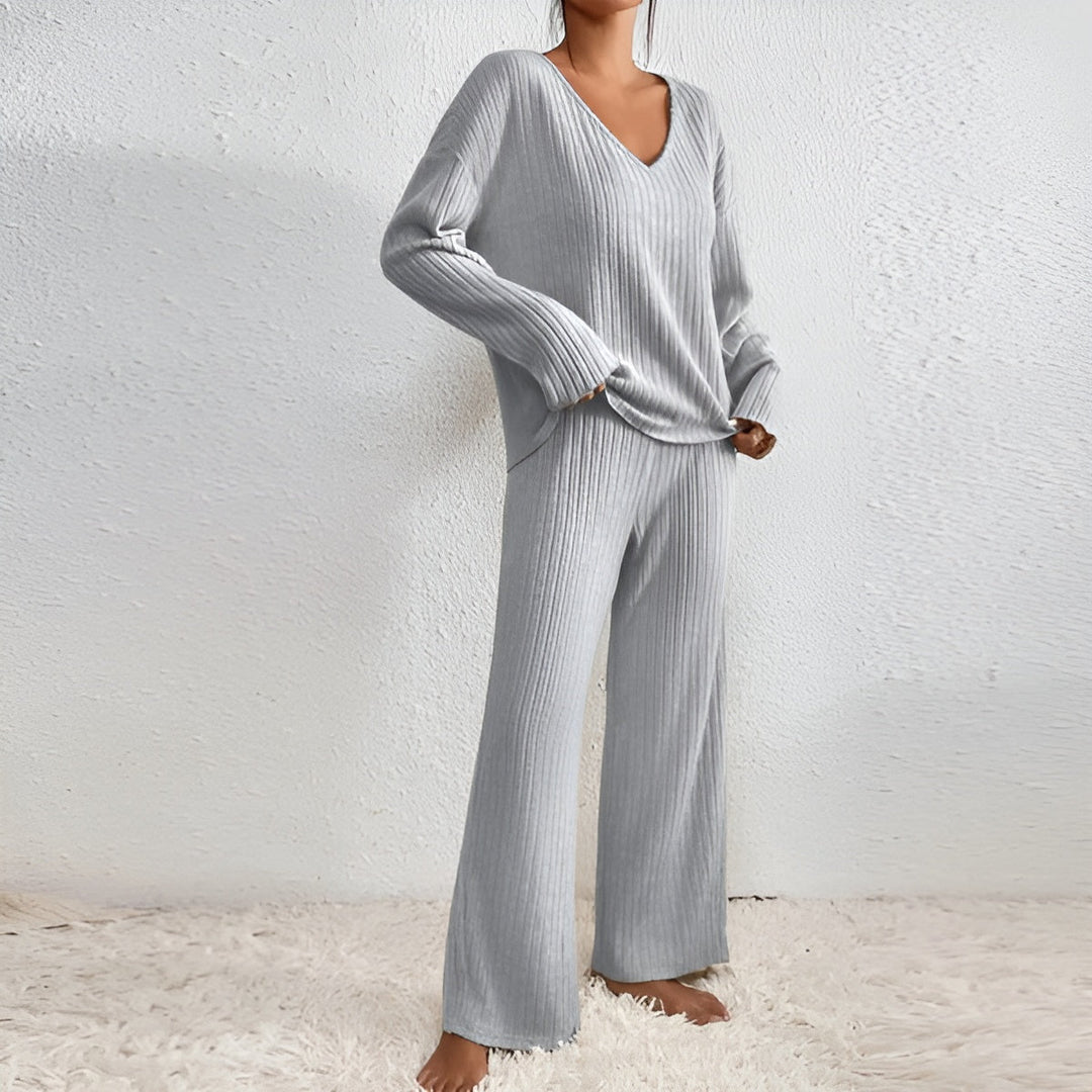 Isla | Women's Striped V-Neck Sweater Set-Metro Lane Plaza