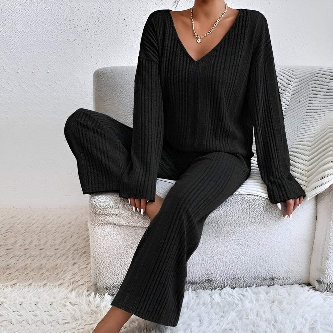 Isla | Women's Striped V-Neck Sweater Set-Metro Lane Plaza