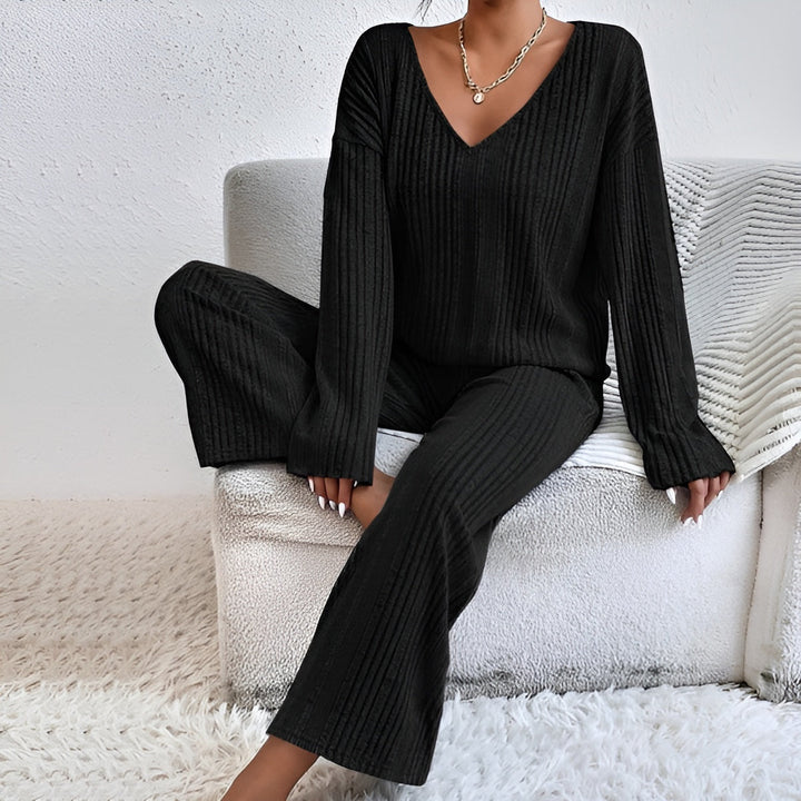 Isla | Women's Striped V-Neck Sweater Set-Metro Lane Plaza