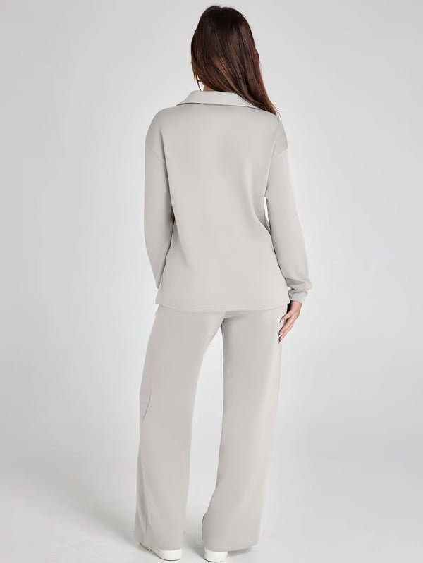 Women's V-Neck Sweater and Wide Pants Two-Piece Set for Fall & Winter-Metro Lane Plaza