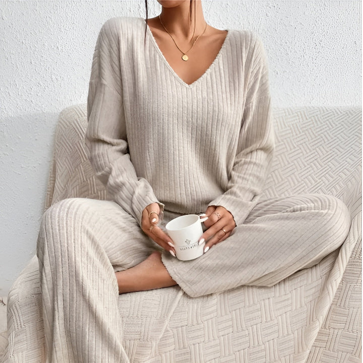 Isla | Women's Striped V-Neck Sweater Set-Metro Lane Plaza
