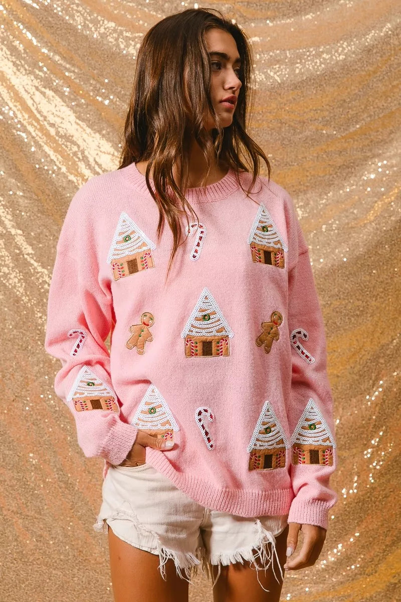 Camisola de gola redonda de inverno com tema natalício para senhora