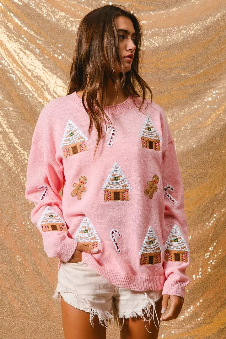 Camisola de gola redonda de inverno com tema natalício para senhora
