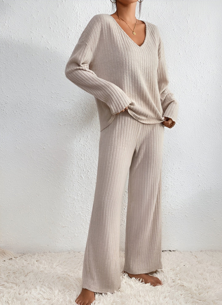 Isla | Women's Striped V-Neck Sweater Set-Metro Lane Plaza