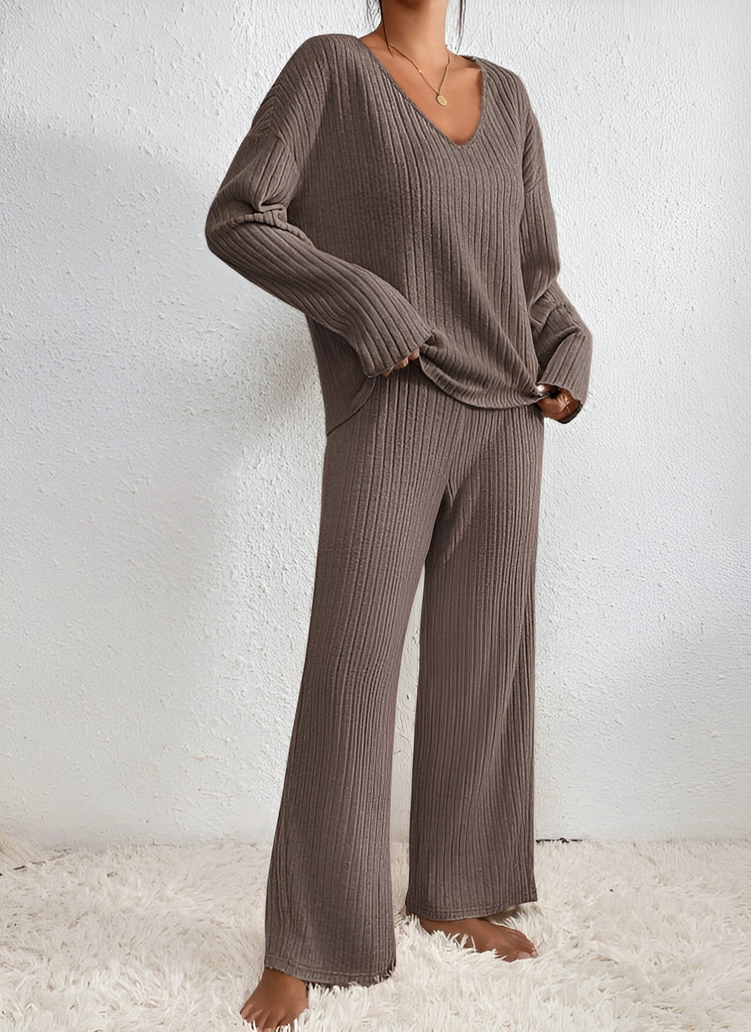 Isla | Women's Striped V-Neck Sweater Set-Metro Lane Plaza