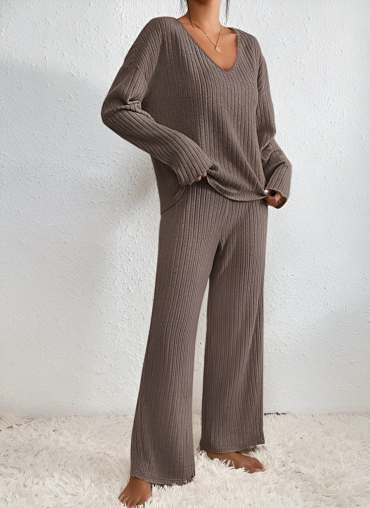 Isla | Women's Striped V-Neck Sweater Set-Metro Lane Plaza