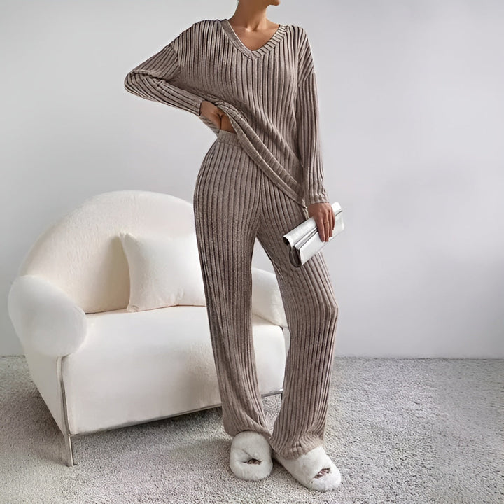 Isla | Women's Striped V-Neck Sweater Set-Metro Lane Plaza