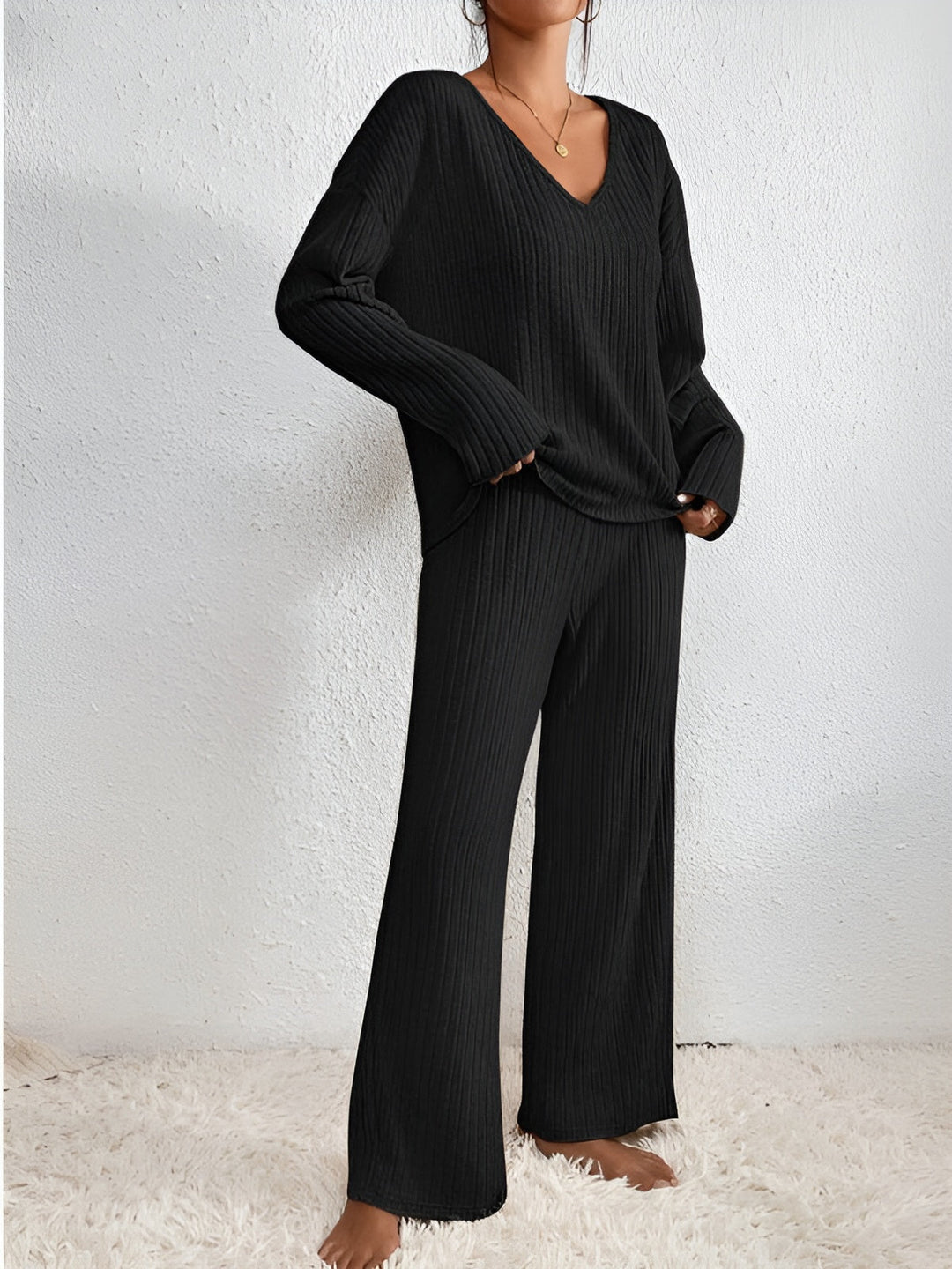 Isla | Women's Striped V-Neck Sweater Set-Metro Lane Plaza