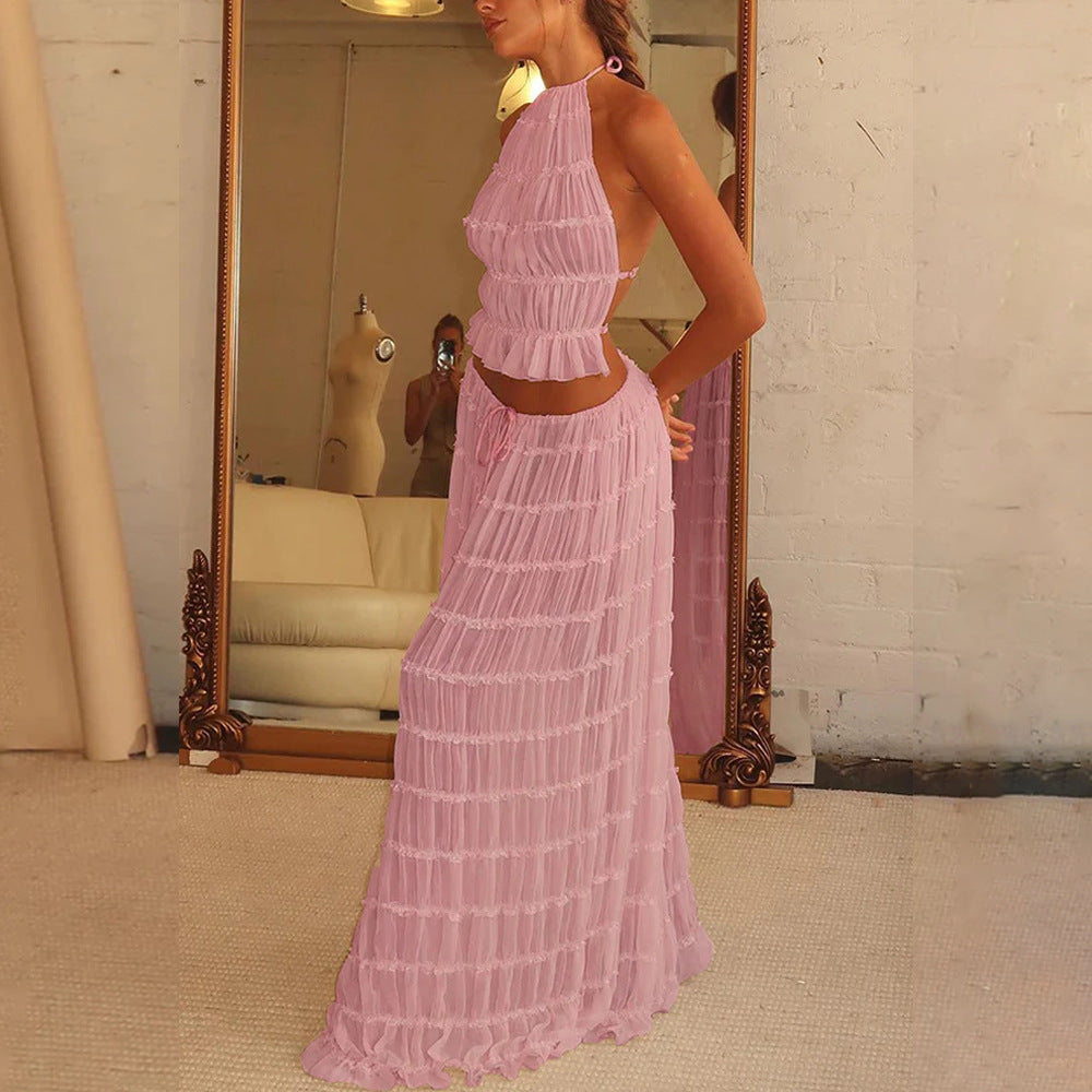 Sophia | Women's 2pcs Dress Suit with Sleeveless Halter Top and Skirt-Metro Lane Plaza