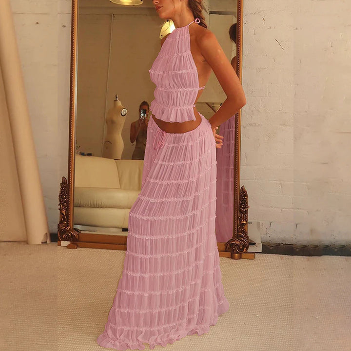 Sophia | Women's 2pcs Dress Suit with Sleeveless Halter Top and Skirt-Metro Lane Plaza