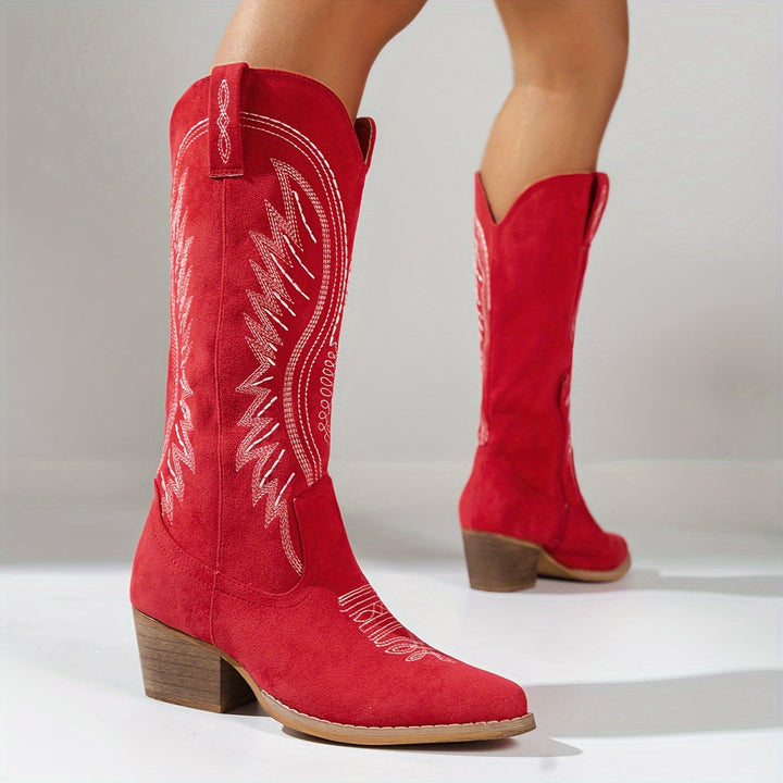 Women's Western Style Cowboy Boots with Pointed Toes and Block Heels-Metro Lane Plaza