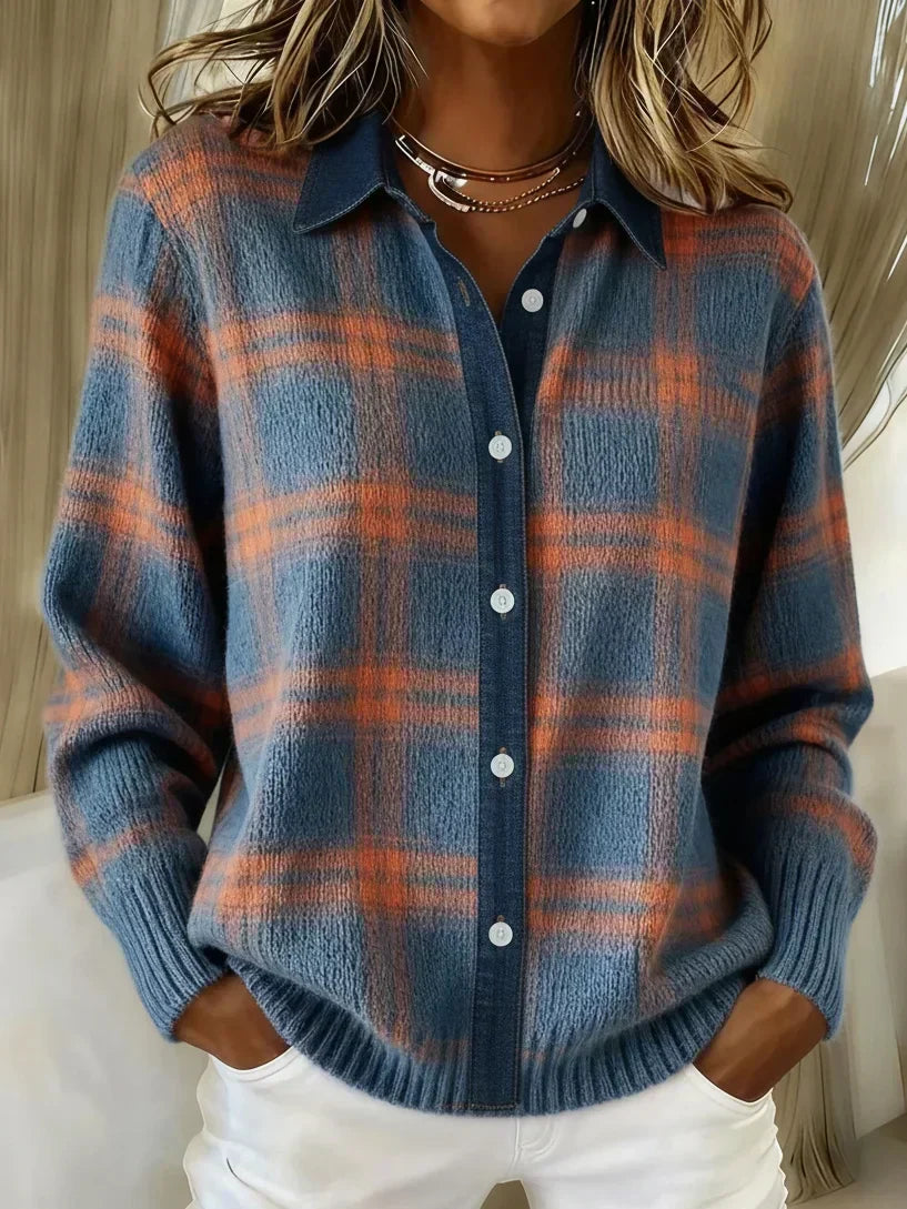 Elegante, kuschelige karierte Strickjacke für Damen