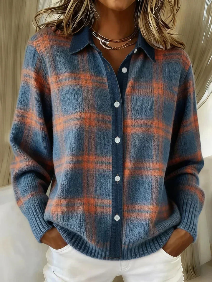 Elegante, kuschelige karierte Strickjacke für Damen