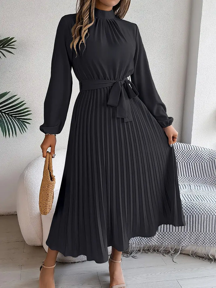 Sophia | Women's Long-Sleeve Pleated Midi Dress with Belted Waist-Metro Lane Plaza