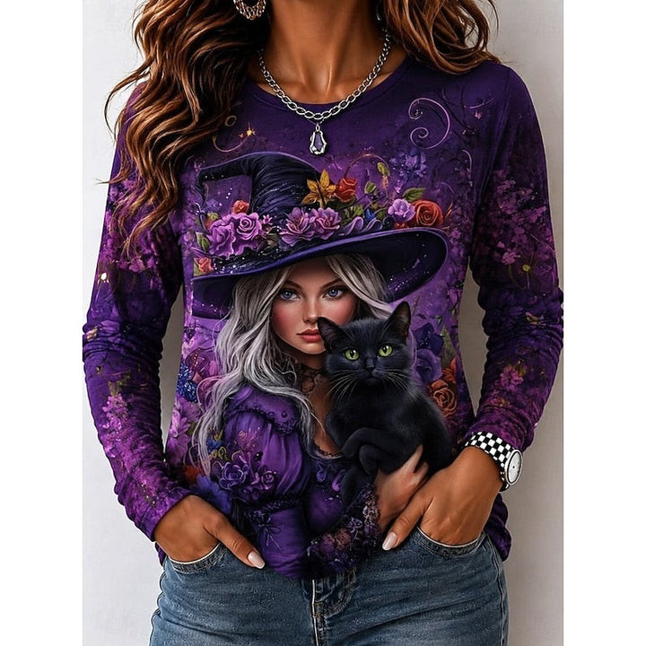 Halloween Witch Graphic Long Sleeve Shirt for Autumn Wear