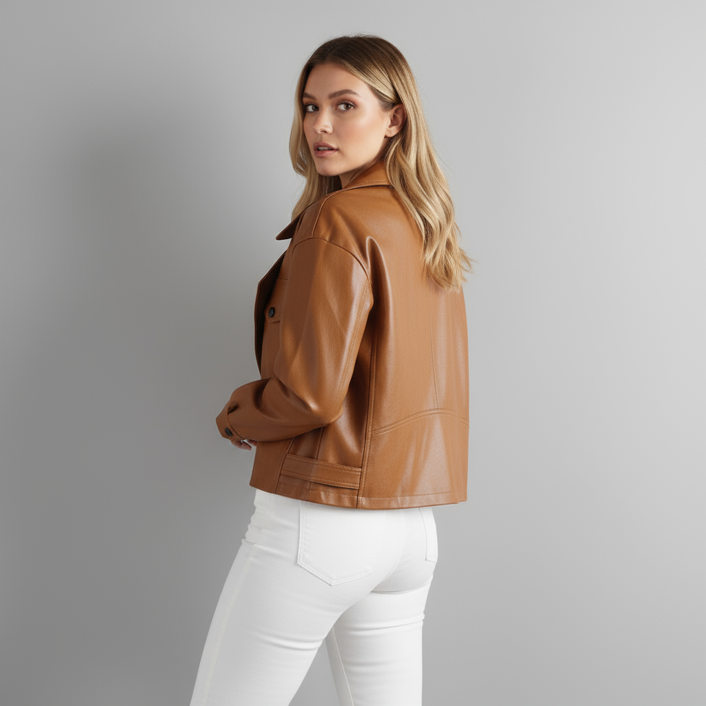 Women's Cropped Leather Trench Jacket-Metro Lane Plaza
