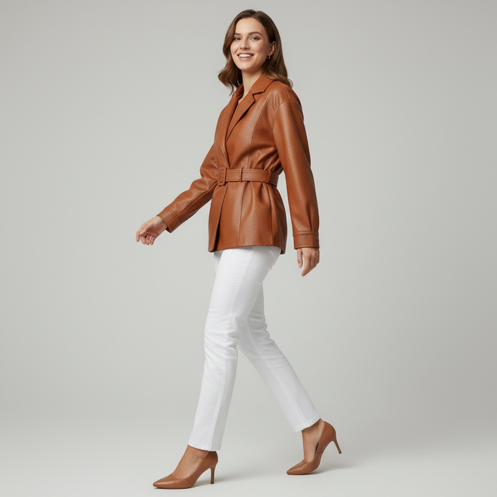 Women's Belted Genuine Leather Jacket-Metro Lane Plaza