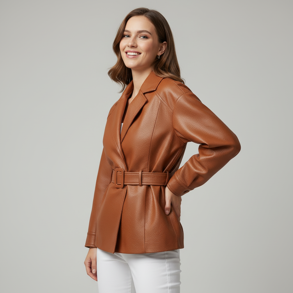 Women's Belted Genuine Leather Jacket-Metro Lane Plaza