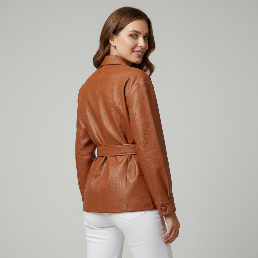 Women's Belted Genuine Leather Jacket-Metro Lane Plaza
