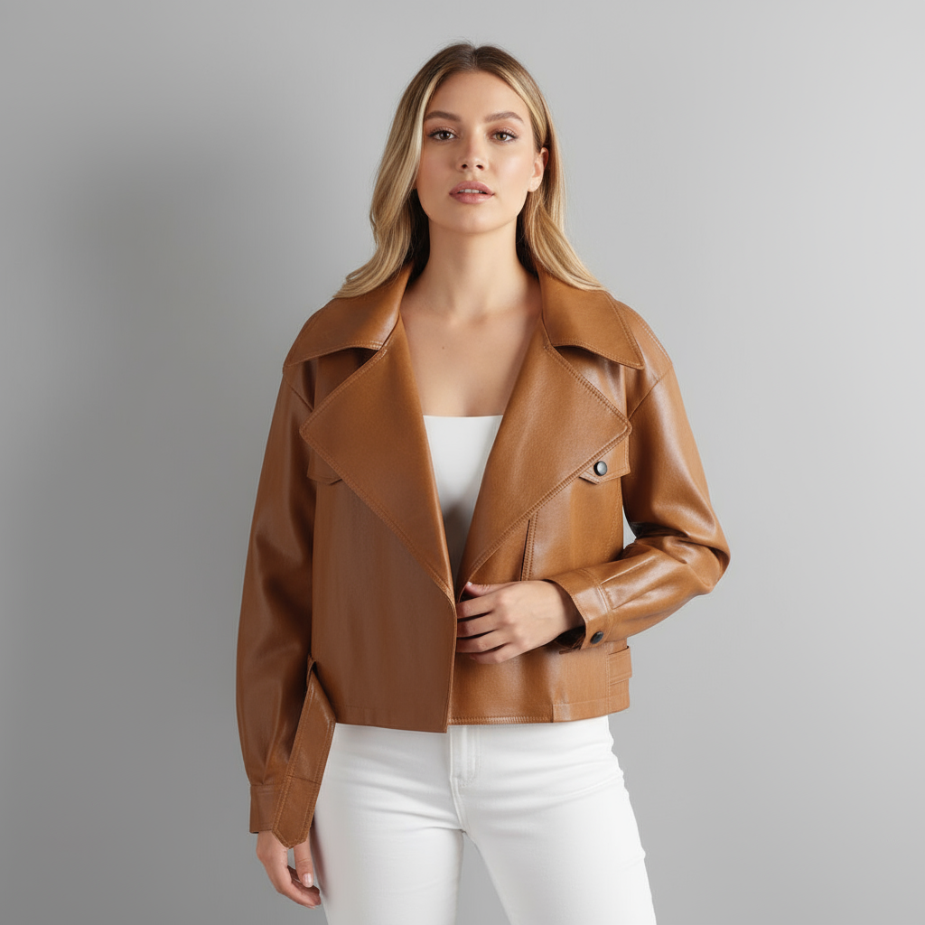 Women's Cropped Leather Trench Jacket-Metro Lane Plaza